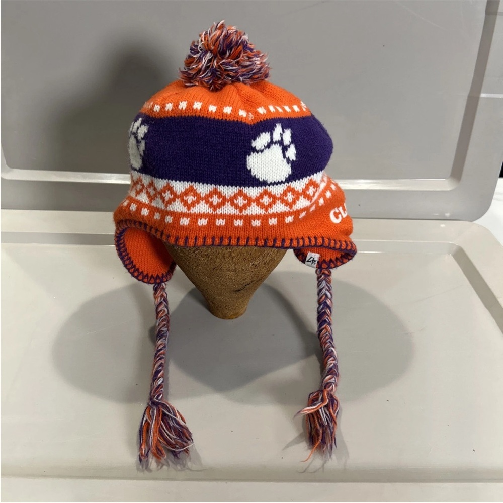 Clemson Tigers ‘47 Brand Knit Winter Toboggan Pom Hat Ear Flaps Chin Tie OSFM